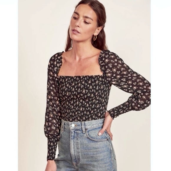 REFORMATION 90s Floral Crepe Smocked Puff Long Sleeve Square Neck Cropped Top M - Picture 3 of 9